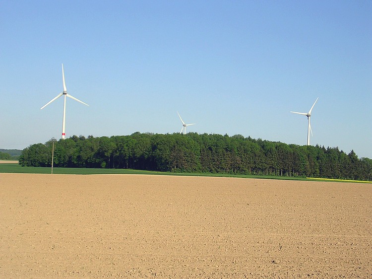 Eoliennes en action, terre en gestation sous le soleil.